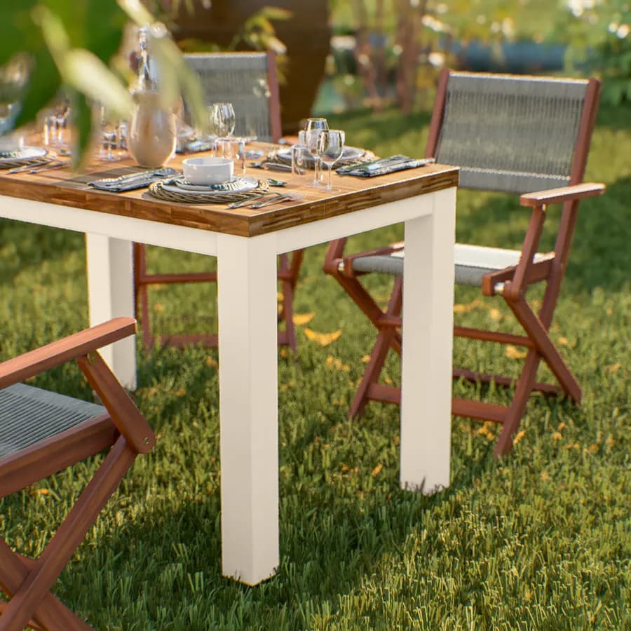 Set pranzo tavolo 115x70 cm e 4 sedie pieghevoli con braccioli in legno di acacia e corda tortora - Yadira