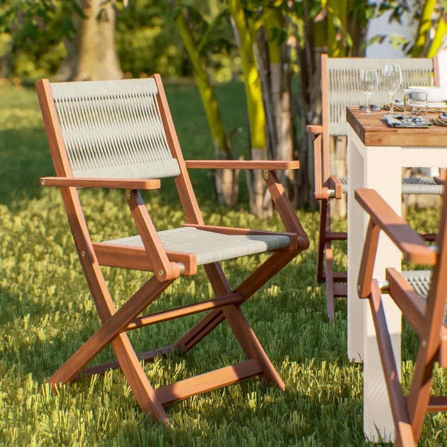 Set pranzo tavolo 115x70 cm e 4 sedie pieghevoli con braccioli in legno di acacia e corda tortora - Yadira