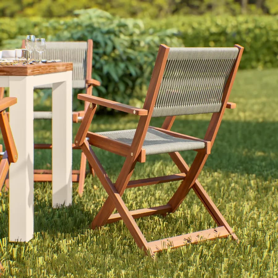 Set pranzo tavolo 115x70 cm e 4 sedie pieghevoli con braccioli in legno di acacia e corda tortora - Yadira