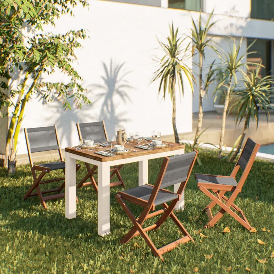 Set pranzo tavolo 115x70 cm e 4 sedie pieghevoli in legno di acacia e corda grigia - Yadira