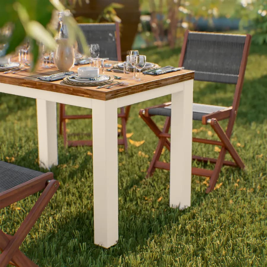 Set pranzo tavolo 115x70 cm e 4 sedie pieghevoli in legno di acacia e corda grigia - Yadira