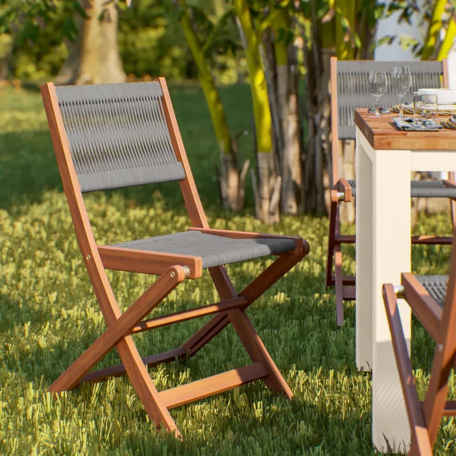 Set pranzo tavolo 115x70 cm e 4 sedie pieghevoli in legno di acacia e corda grigia - Yadira