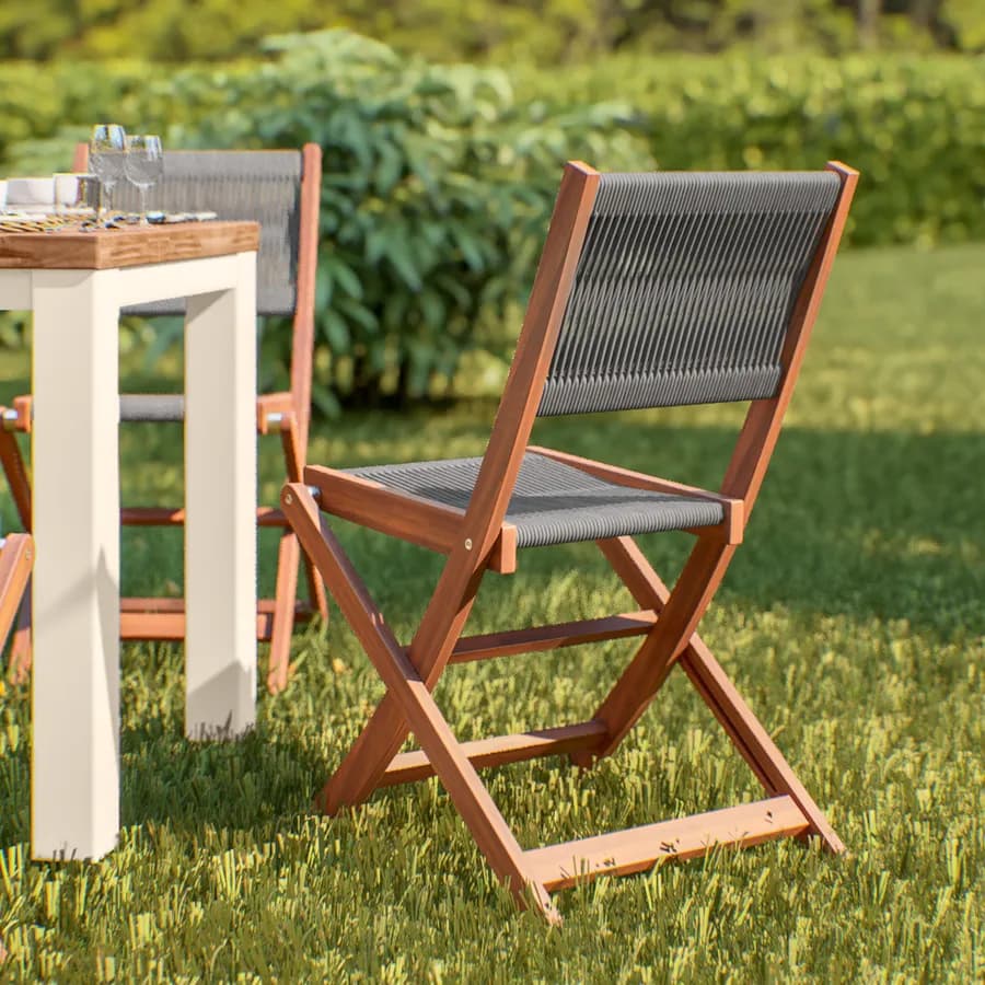 Set pranzo tavolo 115x70 cm e 4 sedie pieghevoli in legno di acacia e corda grigia - Yadira