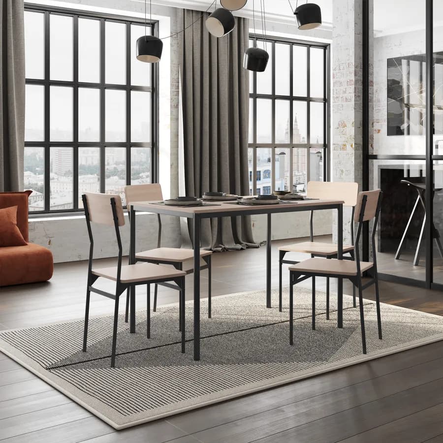 Set pranzo tavolo 110x70 con top effetto rovere chiaro e struttura in acciaio nero con 4 sedie - Sacha