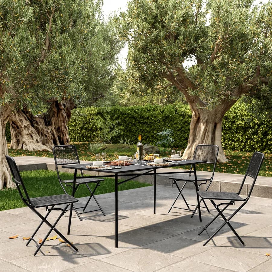 Set pranzo con tavolo 150x80 cm e 4 sedie pieghevoli in acciaio nero - Faber