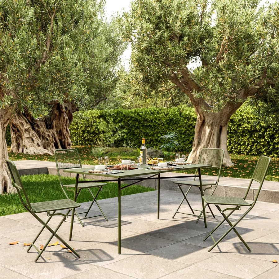 Set pranzo con tavolo 150x80 cm e 4 sedie pieghevoli in acciaio verde oliva - Faber