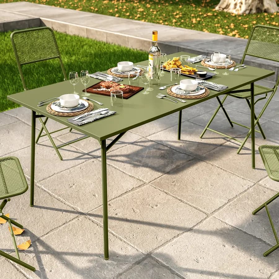 Set pranzo con tavolo 150x80 cm e 4 sedie pieghevoli in acciaio verde oliva - Faber