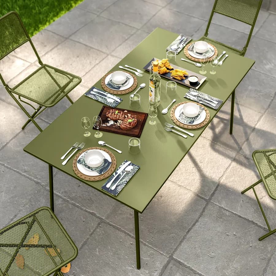 Set pranzo con tavolo 150x80 cm e 4 sedie pieghevoli in acciaio verde oliva - Faber