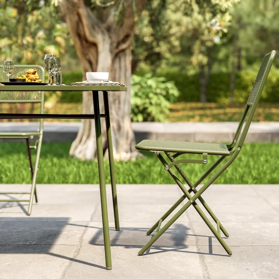 Set pranzo con tavolo 150x80 cm e 4 sedie pieghevoli in acciaio verde oliva - Faber