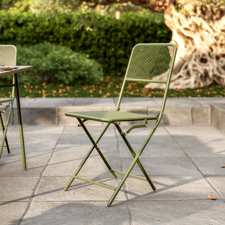 Set pranzo con tavolo 150x80 cm e 4 sedie pieghevoli in acciaio verde oliva - Faber