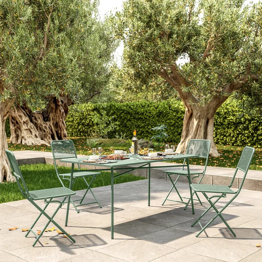 Set pranzo con tavolo 150x80 cm e 4 sedie pieghevoli in acciaio verde marino - Faber