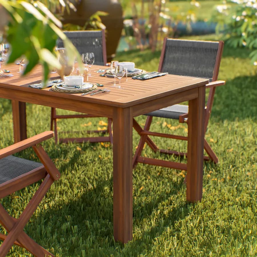 Set pranzo tavolo 160x80 cm e 4 sedie pieghevoli con braccioli in legno di acacia e corda grigia - Yadira