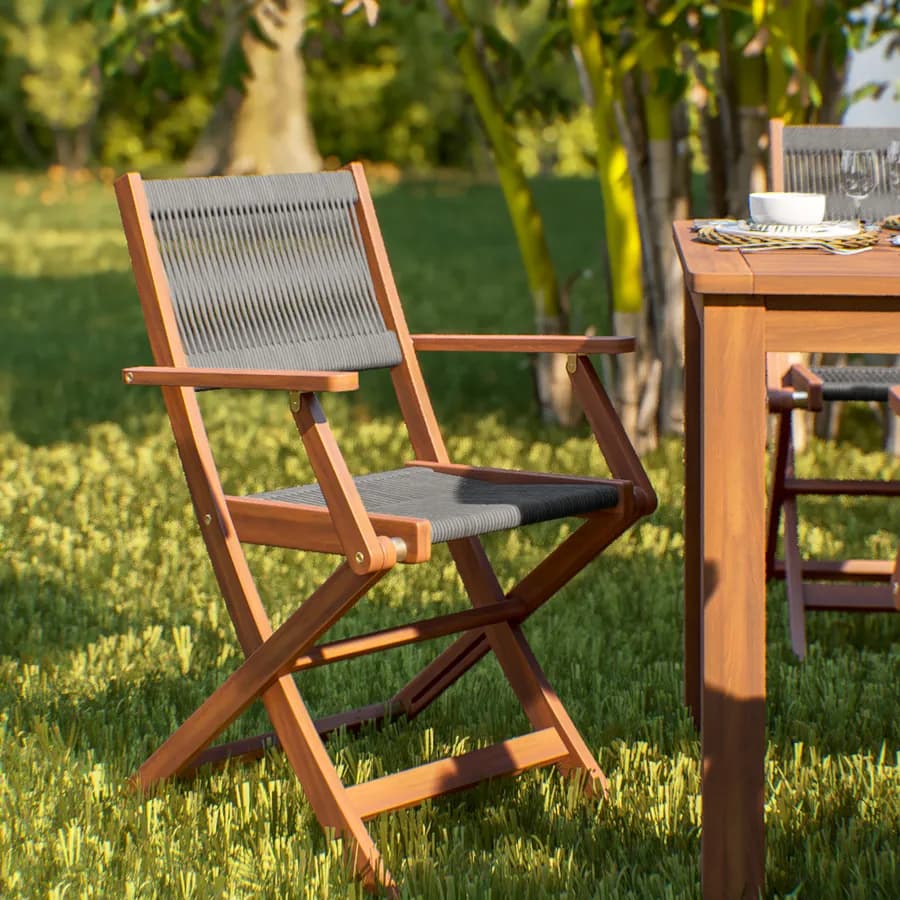 Set pranzo tavolo 160x80 cm e 4 sedie pieghevoli con braccioli in legno di acacia e corda grigia - Yadira