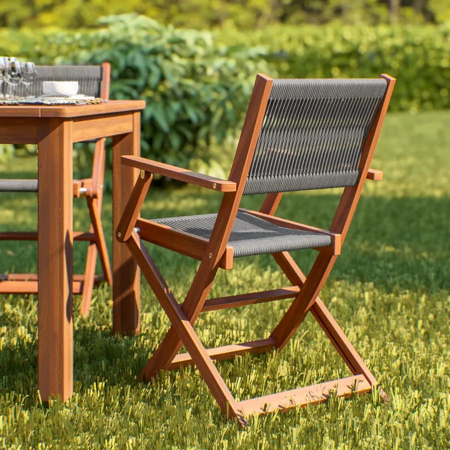 Set pranzo tavolo 160x80 cm e 4 sedie pieghevoli con braccioli in legno di acacia e corda grigia - Yadira