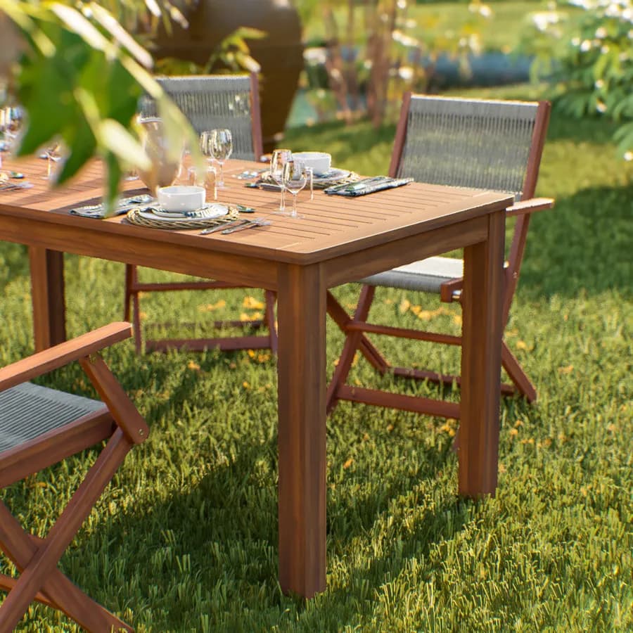 Set pranzo tavolo 160x80 cm e 4 sedie pieghevoli con braccioli in legno di acacia e corda tortora - Yadira