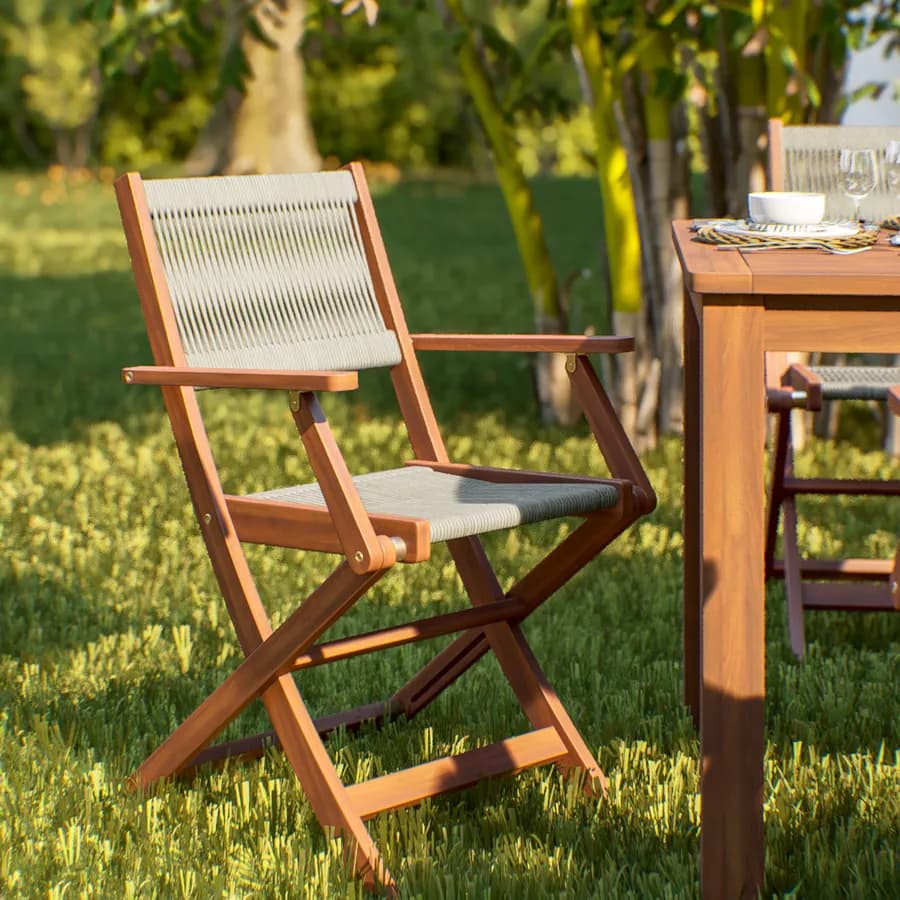 Set pranzo tavolo 160x80 cm e 4 sedie pieghevoli con braccioli in legno di acacia e corda tortora - Yadira
