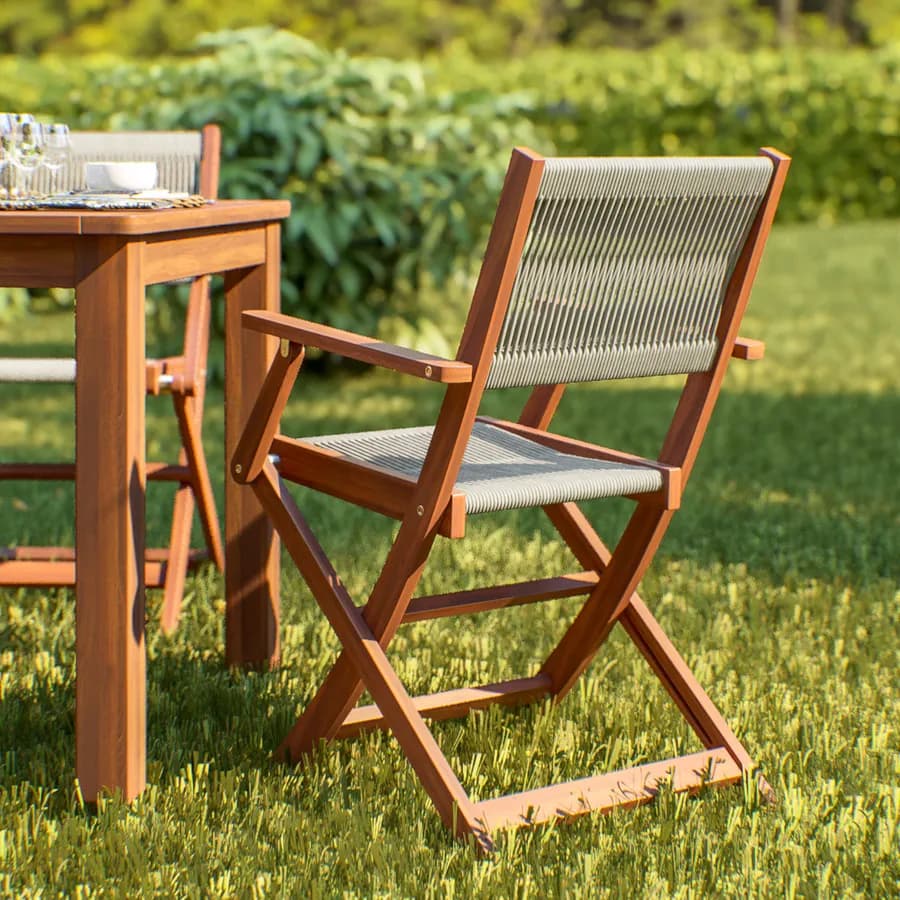 Set pranzo tavolo 160x80 cm e 4 sedie pieghevoli con braccioli in legno di acacia e corda tortora - Yadira