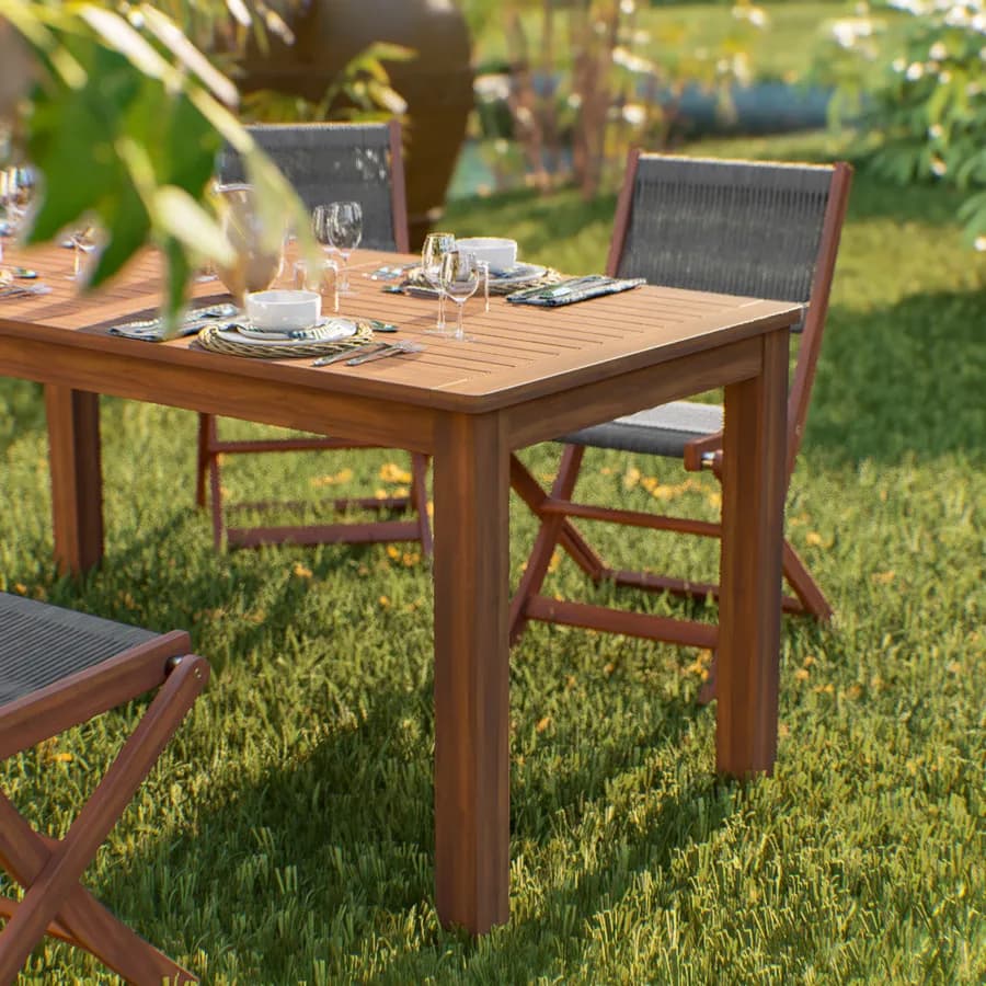 Set pranzo tavolo 160x80 cm e 4 sedie pieghevoli in legno di acacia e corda grigia - Yadira