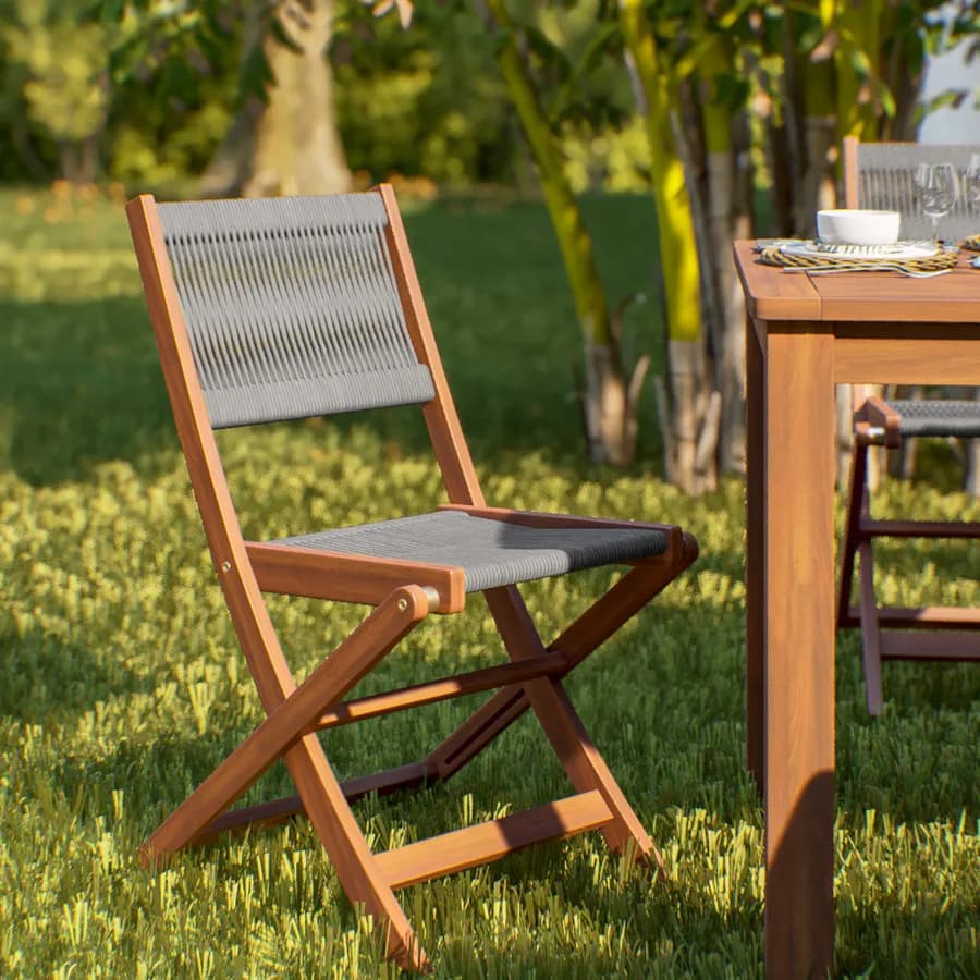 Set pranzo tavolo 160x80 cm e 4 sedie pieghevoli in legno di acacia e corda grigia - Yadira