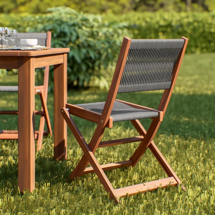 Set pranzo tavolo 160x80 cm e 4 sedie pieghevoli in legno di acacia e corda grigia - Yadira