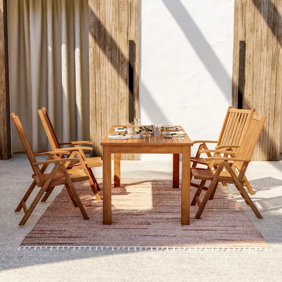 Set pranzo tavolo 160x80 cm e 4 sedie con braccioli regolabili in legno di acacia - Paja