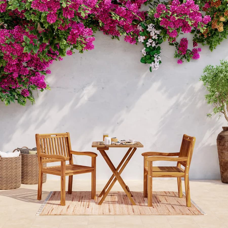 Set bistrot tavolo 60x60 cm e 2 sedie con braccioli in legno di acacia - Paja