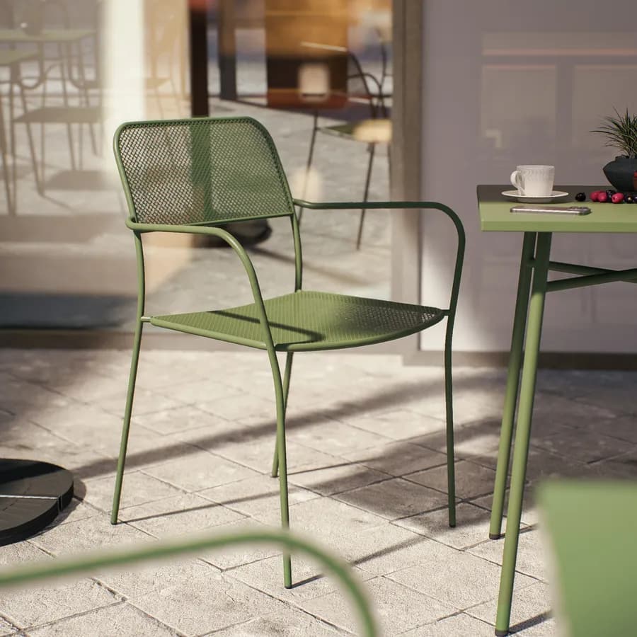 Set bistrot tavolo 60x60 e 2 sedie con braccioli in acciaio verde oliva - Faber