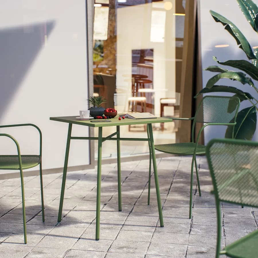 Set bistrot tavolo 60x60 e 2 sedie con braccioli in acciaio verde oliva - Faber