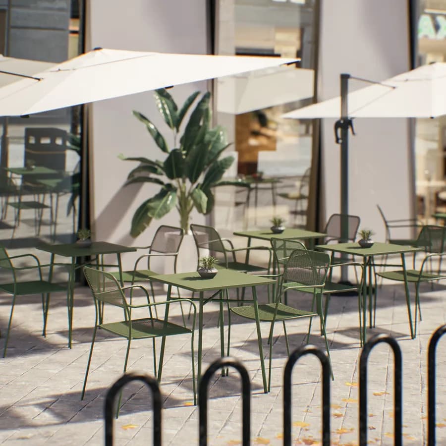 Set bistrot tavolo 60x60 e 2 sedie con braccioli in acciaio verde oliva - Faber