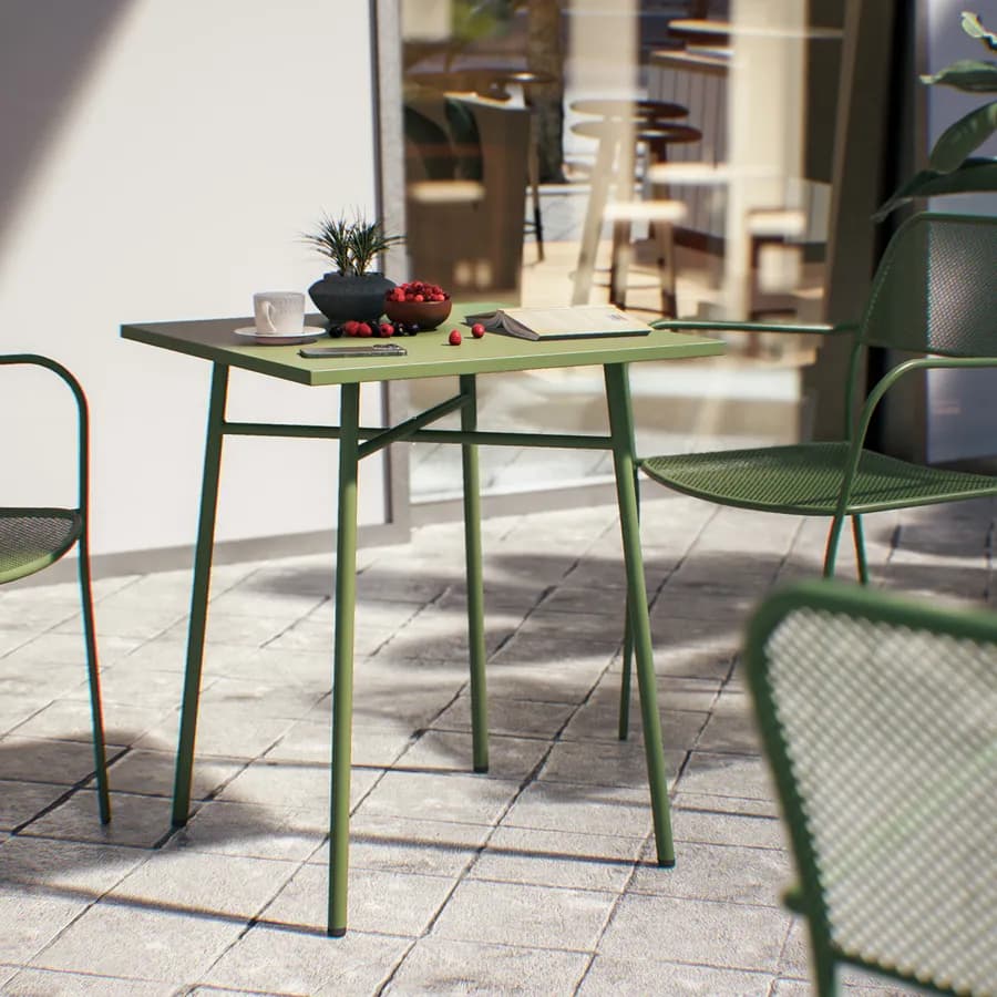 Set bistrot tavolo 60x60 e 2 sedie con braccioli in acciaio verde oliva - Faber