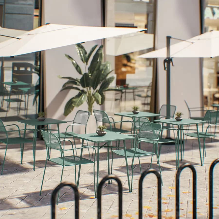 Set bistrot tavolo 60x60 e 2 sedie con braccioli in acciaio verde marino - Faber