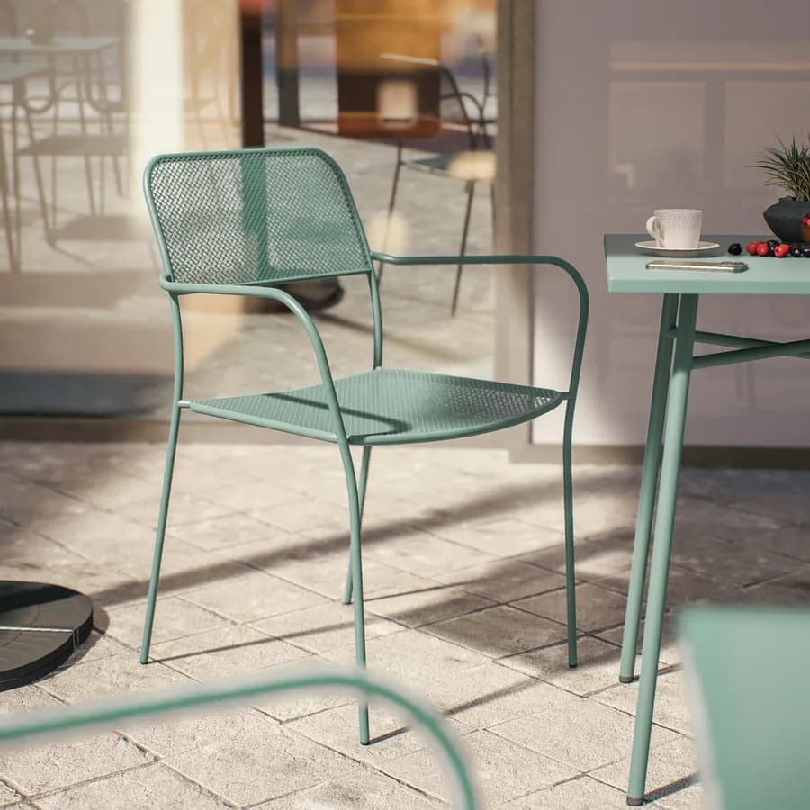 Set bistrot tavolo 60x60 e 2 sedie con braccioli in acciaio verde marino - Faber