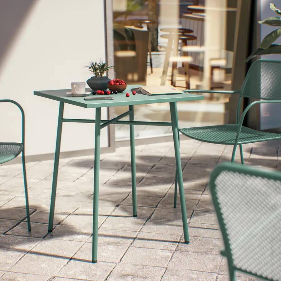 Set bistrot tavolo 60x60 e 2 sedie con braccioli in acciaio verde marino - Faber