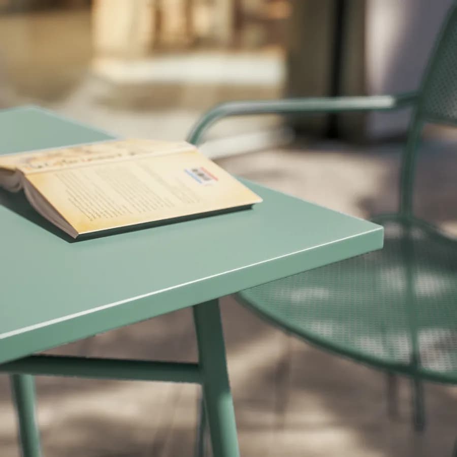 Set bistrot tavolo 60x60 e 2 sedie con braccioli in acciaio verde marino - Faber
