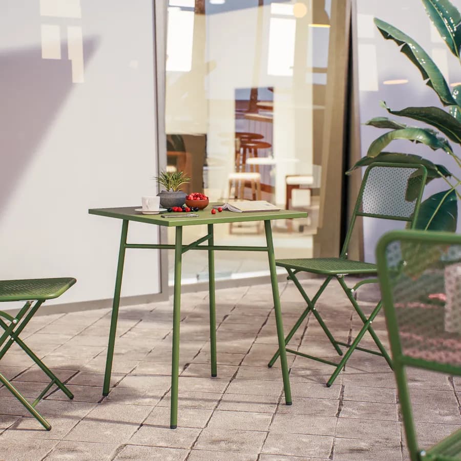 Set bistrot tavolo 60x60 e 2 sedie pieghevoli in acciaio verde oliva - Faber