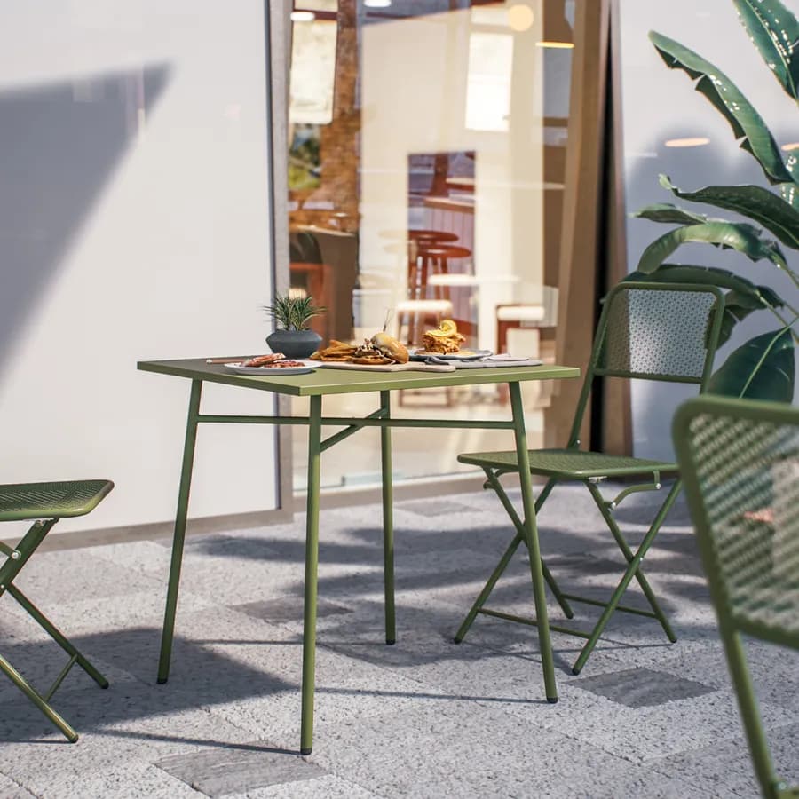 Set bistrot tavolo 70x70 cm e 2 sedie pieghevoli in acciaio verde oliva - Faber