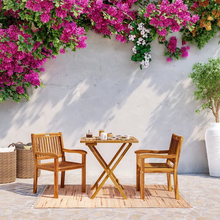 Set bistrot con tavolo pieghevole 70x70 cm e 2 sedie con braccioli in legno di acacia - Paja