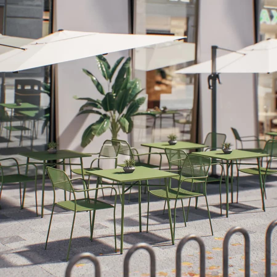 Set bistrot tavolo 70x70 e 2 sedie con braccioli in acciaio verde oliva - Faber