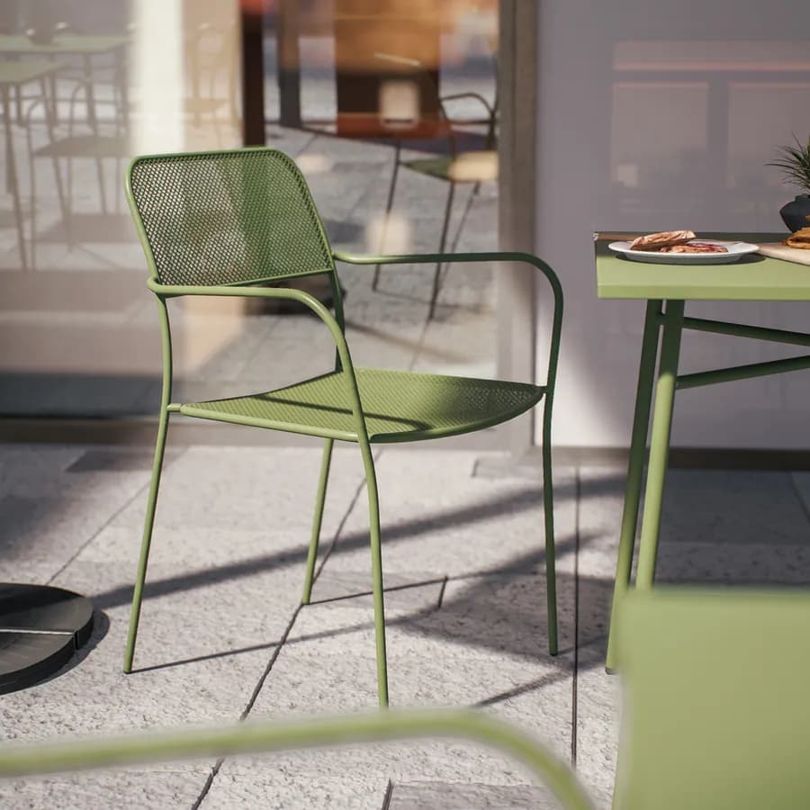 Set bistrot tavolo 70x70 e 2 sedie con braccioli in acciaio verde oliva - Faber