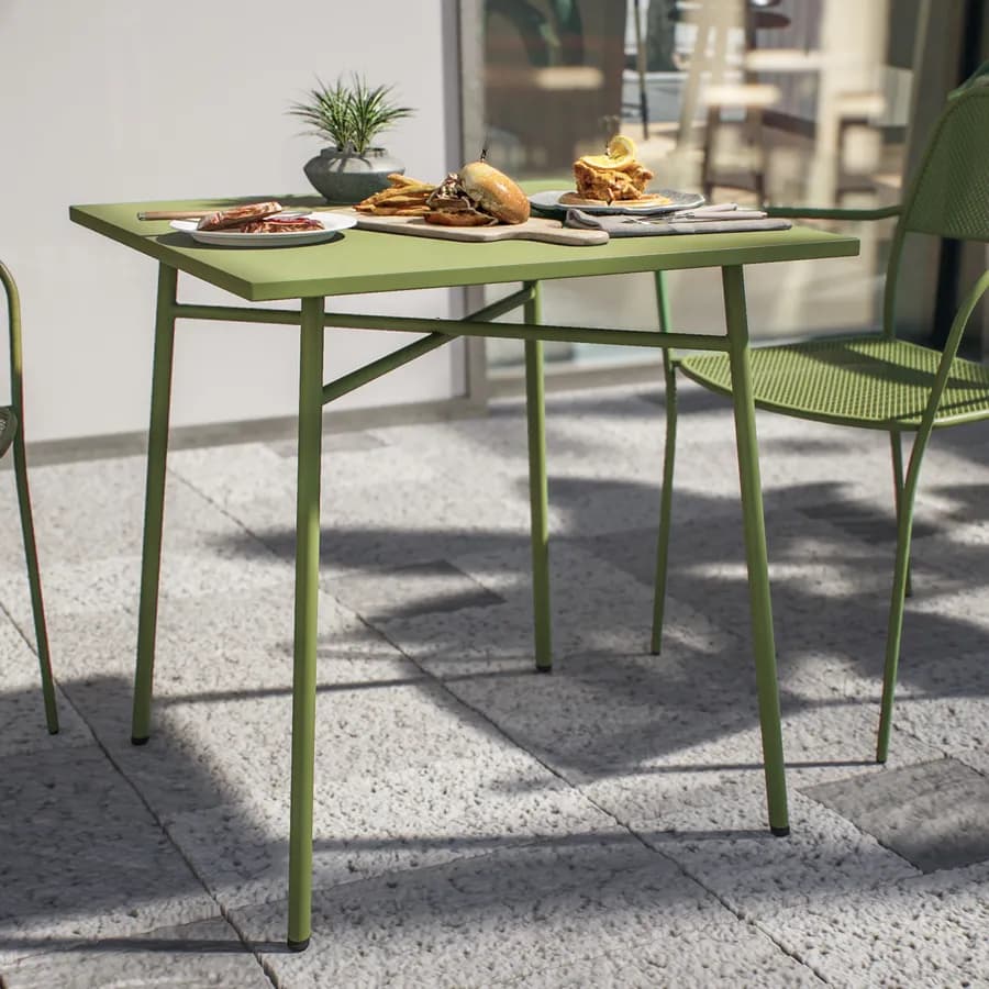 Set bistrot tavolo 70x70 e 2 sedie con braccioli in acciaio verde oliva - Faber