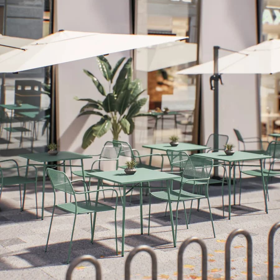Set bistrot tavolo 70x70 e 2 sedie con braccioli in acciaio verde marino - Faber