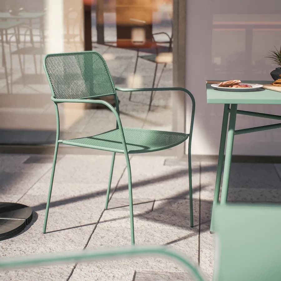 Set bistrot tavolo 70x70 e 2 sedie con braccioli in acciaio verde marino - Faber
