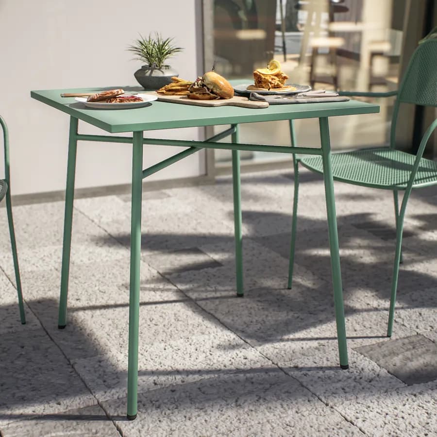 Set bistrot tavolo 70x70 e 2 sedie con braccioli in acciaio verde marino - Faber
