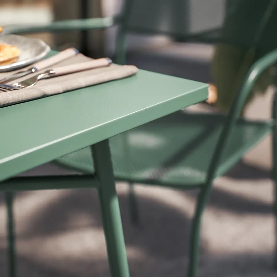 Set bistrot tavolo 70x70 e 2 sedie con braccioli in acciaio verde marino - Faber