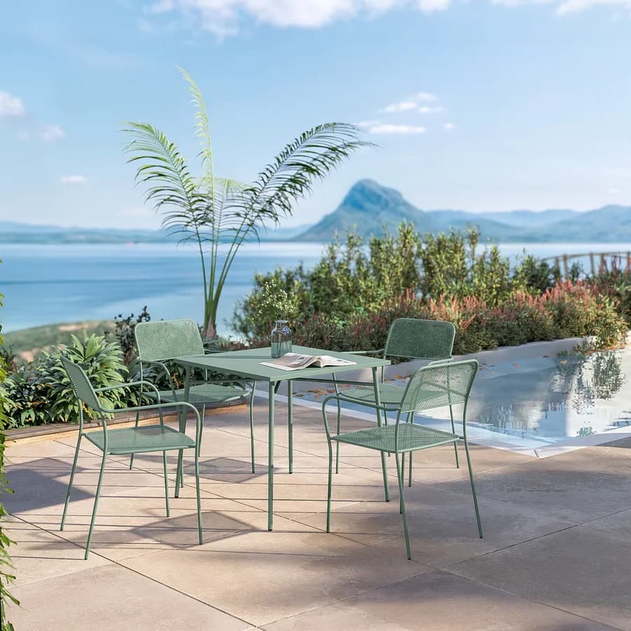 Set pranzo tavolo 80x80 cm e 4 sedie con braccioli in acciaio verde marino - Faber