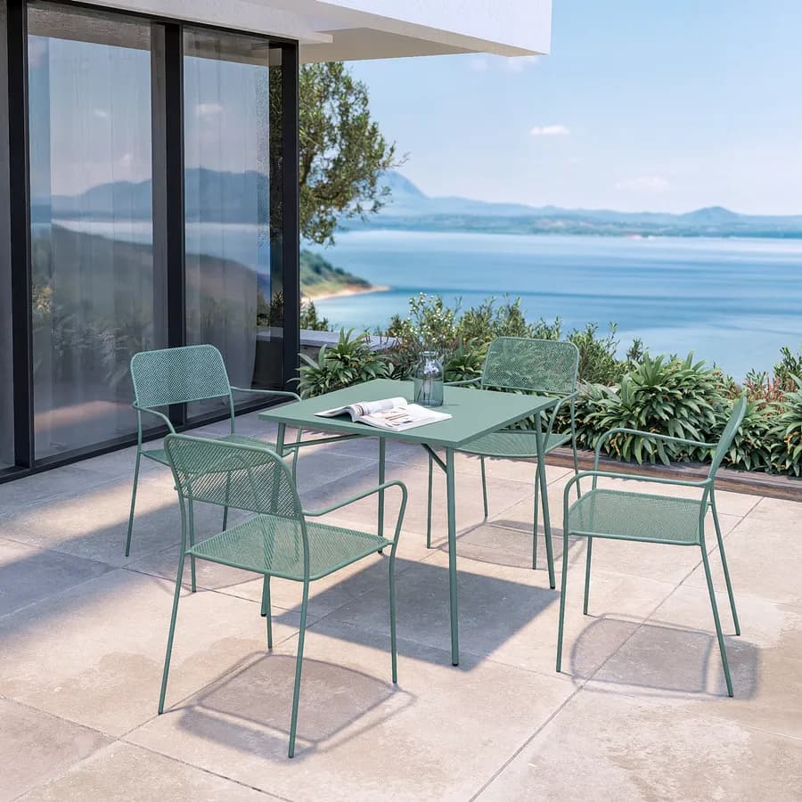 Set pranzo tavolo 80x80 cm e 4 sedie con braccioli in acciaio verde marino - Faber