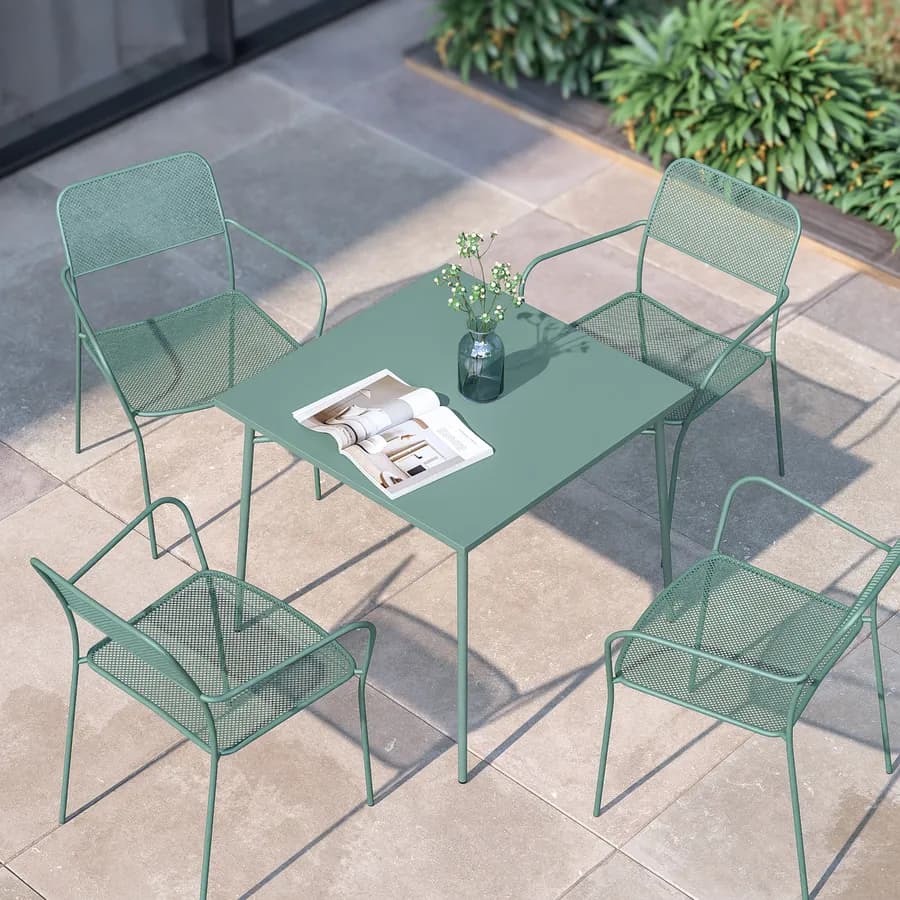 Set pranzo tavolo 80x80 cm e 4 sedie con braccioli in acciaio verde marino - Faber