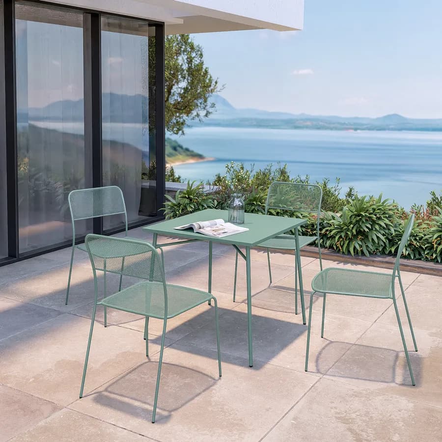 Set pranzo tavolo 80x80 cm e 4 sedie in acciaio verde marino- Faber