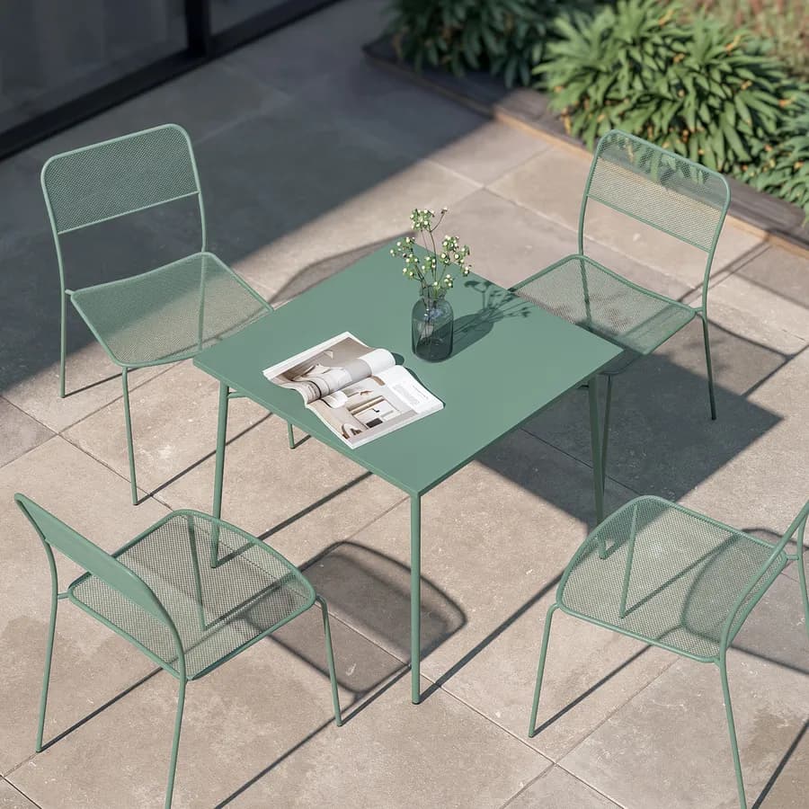 Set pranzo tavolo 80x80 cm e 4 sedie in acciaio verde marino- Faber