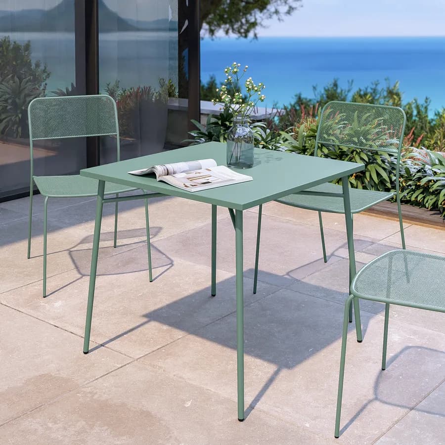 Set pranzo tavolo 80x80 cm e 4 sedie in acciaio verde marino- Faber